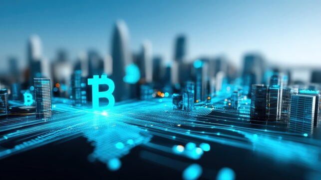 Cryptocurrency revolution exploring bitcoin's digital landscape in urban centers futuristic graphics aerial view blockchain impact