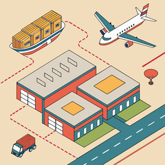 Naklejka premium Isometric illustration of logistics and transportation network showing cargo ship airplane truck and warehouse buildings