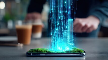 Futuristic digital landscape emerging from a smartphone cozy urban setting innovative technology meets nature vibrant cityscape transformative experience