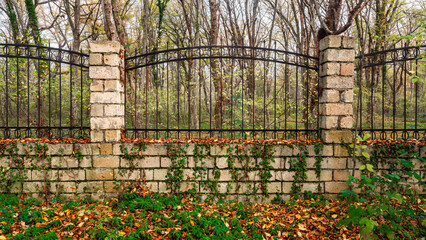 Old abandoned stone fence with wrought iron fencing in jungle