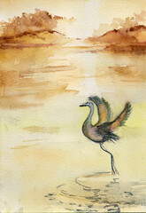 dawn, a stork taking off