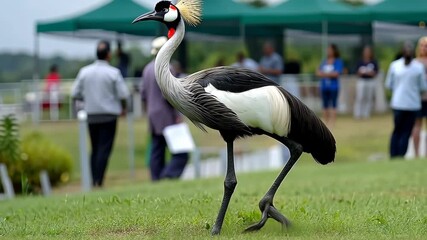African crowned crane walks gracefully at outdoor event with green tents in the background during sunny day