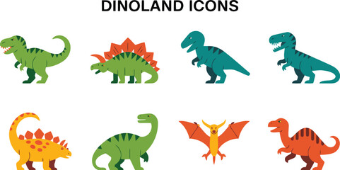 Dinosaur icons including trex triceratops stegosaurus velociraptor brontosaurus ankylosaurus pterodactyl and spinosaurus