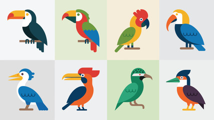 Obraz premium Collection of eight colorful flat design tropical birds including toucans parrots and hornbills on simple backgrounds