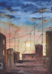 A bright sunset in the city