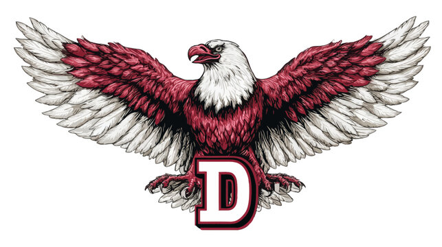 Majestic spread-winged eagle emblem with a bold capital letter D. Dynamic illustration in vibrant maroon and white colors.