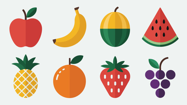 A colorful collection of flat design fruit icons including apple banana melon watermelon pineapple orange strawberry and grapes arranged in two rows on a light gray background