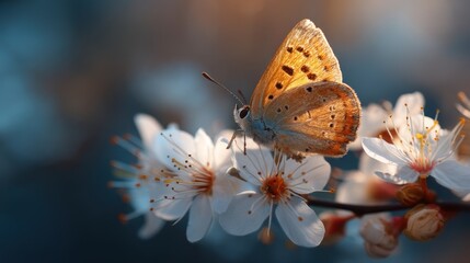 A close-up of a butterfly resting on a spring blossom, with the petals of the flower glowing softly in the fresh, warm sunlight.