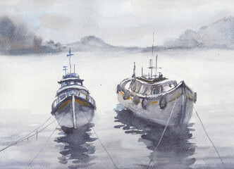 foggy morning, boats at the pier