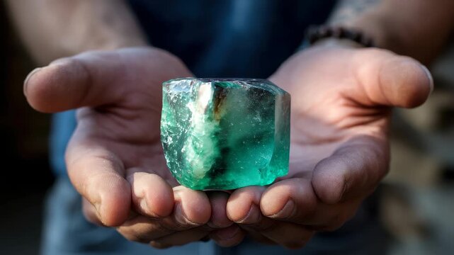 Man holds a large rough cut emerald gemstone in his hands, showcasing its vibrant green color and unique texture during a mining event in a natural setting