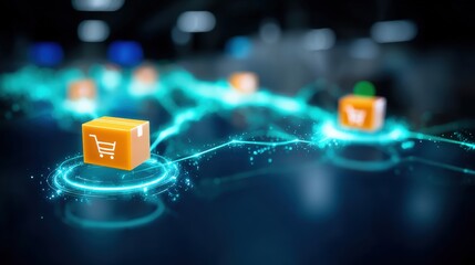 E-commerce logistics optimization virtual space digital artwork high-tech environment aerial view supply chain innovation