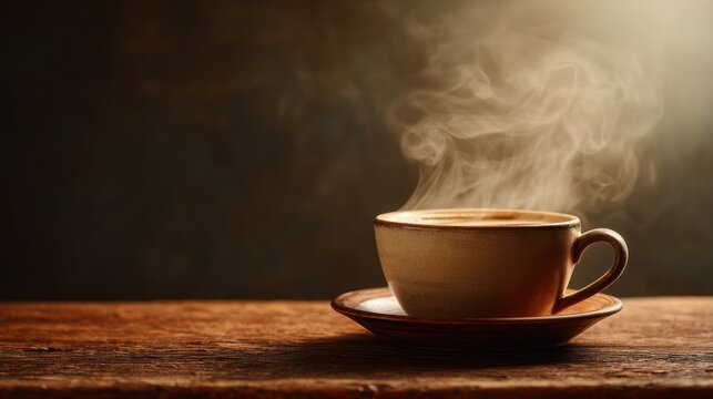 A close-up of a cup of hot coffee sitting on a rustic wooden table, with a warm glow. - Powered by Adobe