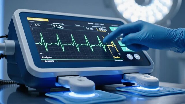 A medical professional's gloved hand operates a modern cardiac monitor displaying an electrocardiogram in a clinical setting.