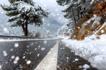 Winding mountain road snowing in winter forest landscape