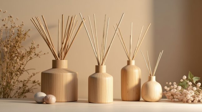 Reed diffusers in various shapes and sizes enhance the warm atmosphere beside dried flowers, capturing elegance and simplicity 
