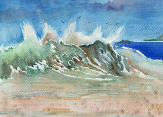 Big surf on a sandy beach