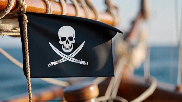 Pirate flag waving on a historic ship while sailing across blue ocean waters under a clear sky