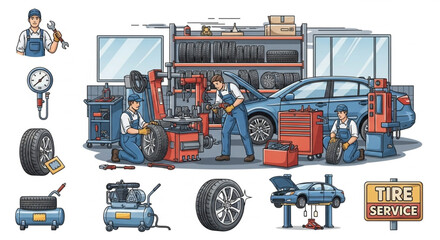 Auto Mechanic Tire Service and Car Repair Vector Illustration Set