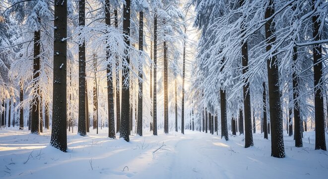 Snowy forest path lined with frosted trees during winter sunrise. Warm light filters through ice-covered branches creating magical atmosphere. Perfect for holiday cards or nature themes. - Powered by Adobe