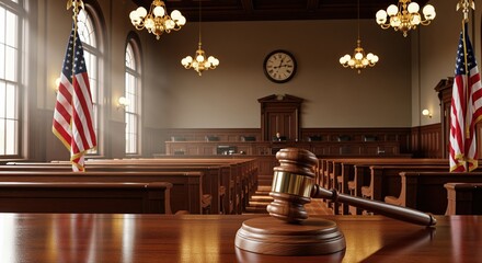 Empty courtroom with wooden benches, judge's bench, and gavel in foreground. American flags flank the room. Classic chandeliers light the space. Ideal for legal and justice themes.