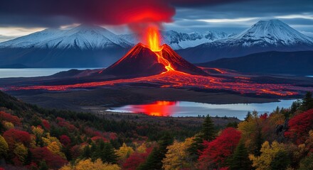Active volcano erupts with glowing lava flows against snow-capped mountain peaks. Autumn forest with colorful foliage frames the dramatic scene. Perfect for nature disaster concepts.