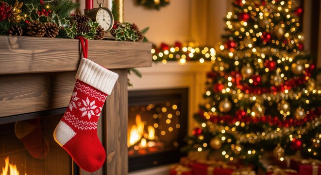 Red stocking hangs from fireplace mantel decorated with greenery and pinecones. Glowing tree with lights stands nearby. Warm scene perfect for holiday cards and festive designs.