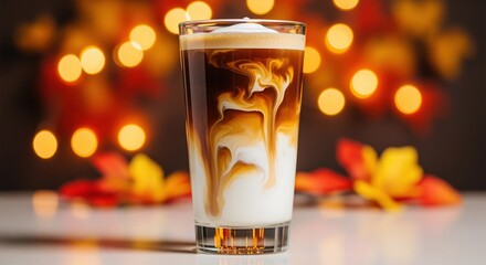 A tall glass filled with layered coffee and milk creates beautiful swirling patterns. The warm glow of golden lights in the background adds a cozy atmosphere perfect for cafe menus or beverage ads.