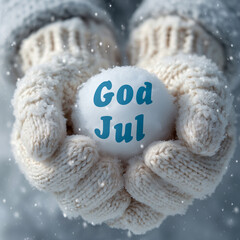 God Jul. Merry Christmas. View of cozy white knitted mittens (gauntlets) holding a perfectly round snowball, palms facing the viewer, soft winter lighting. Falling snow. Scandinavian greeting.