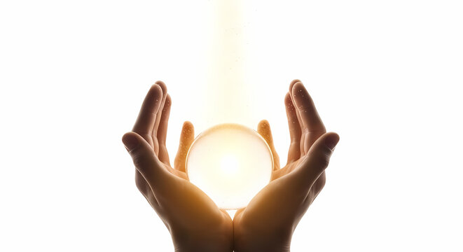 Hands holding glowing orb of light offering hope and inspiration, magic touch, spiritual connection, future telling, new age healing, mystery and fortune