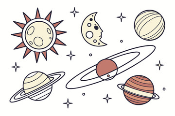 Stylized Celestial Bodies and Planets on White Background space moon © Atiar