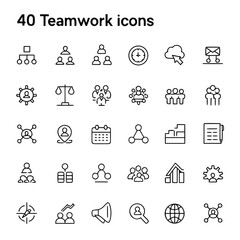 Grid of 40 teamwork and business icons in outline style organization people