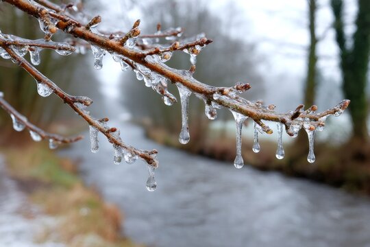 Frozen tree branches with melting icicles over water
