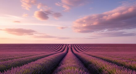 Vast expanse of blooming purple flowers stretches towards a colorful twilight sky