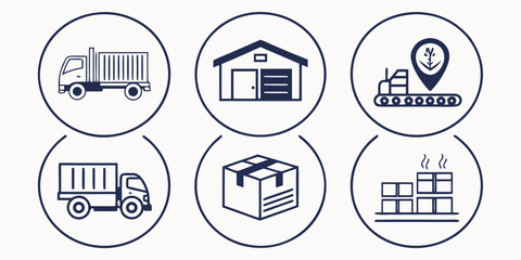 Logistics and Delivery Service Icons in Circles on White Background truck container