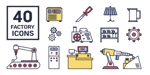 Group of 40 Factory and Industrial Icons with Red and Yellow Accents Keywords: factory, industrial