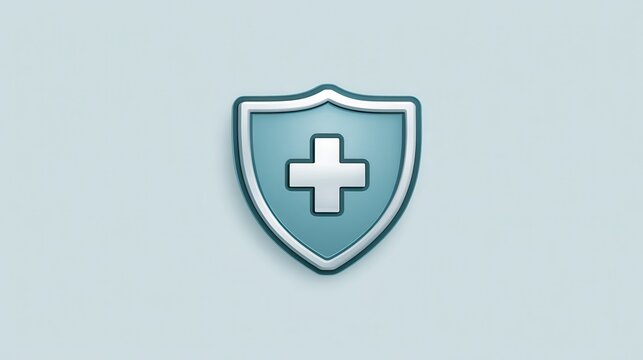 Flat vector illustration of a shield icon featuring a medical cross in the center. Health and safety concept.