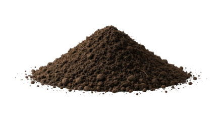 Heap of dark, rich soil or dirt, textured and slightly moist, on a black background