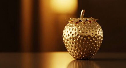 Golden Strawberry Sculpture with Unique Texture and Elegant Design on a Soft Blurred Background