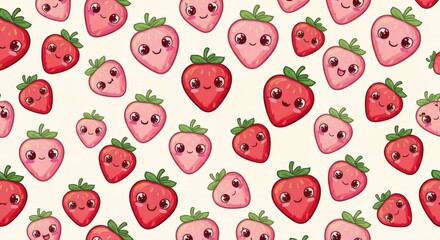 Fototapeta premium Cute and Playful Strawberry Pattern with Smiling Faces Set on a Light Cream Background