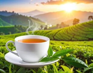 Tea on saucer overlooking vibrant green tea terraces