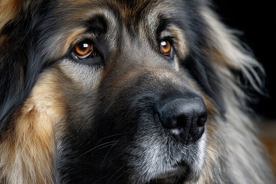 Close-up portrait of a large fluffy dog with intense brown eyes - Powered by Adobe