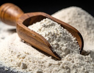 Wooden scoop filled with flour. Pile on dark background