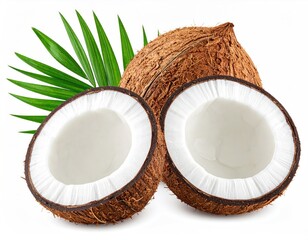 Cut coconut, whole coconut, & tropical green leaf