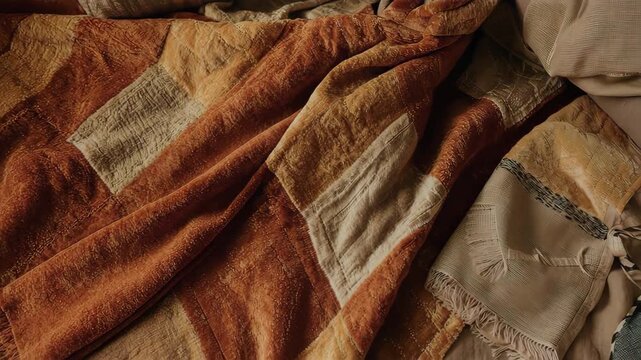 An overhead shot of a textured patchwork blanket