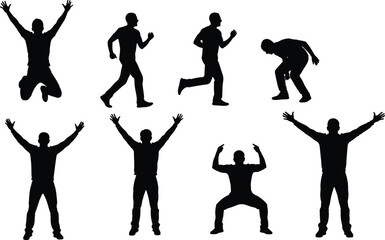 Collection of energetic male figure silhouettes in various poses including running, jumping, cheering, and exercising, symbolizing celebration, success, freedom, and dynamic athletic movement 