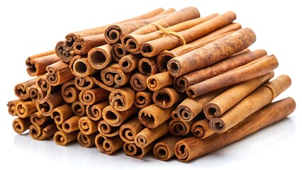 A large pile of dried cinnamon sticks on a white background