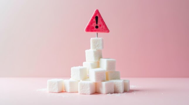 White sugar cubes stacked precariously under red warning sign. Symbolizes health risks of excess sugar intake and diet dangers. Represents caution about overconsumption. Nutritional awareness concept.