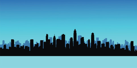 Obraz premium Black silhouette city skyline against a gradient blue sky and water buildings architecture
