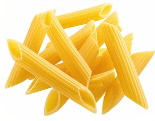 Pile of penne pasta, ridged, yellowish, on white ground