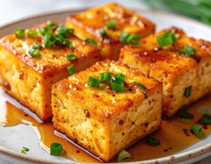 Glazed tofu cubes with green onions, close-up shot